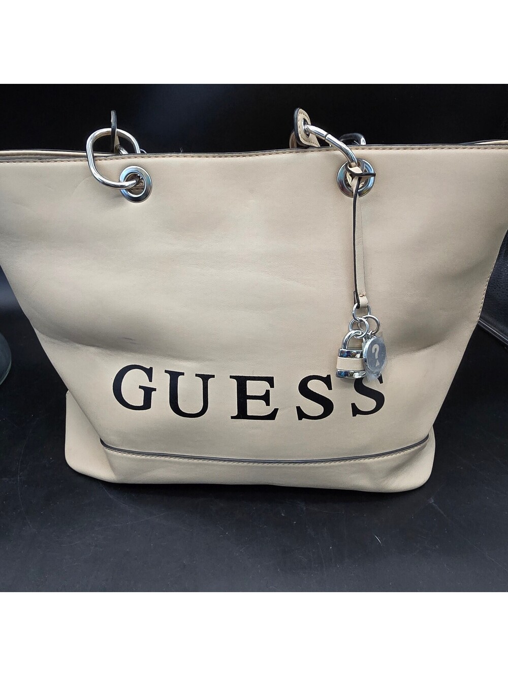 GUESS Rodney Tote Bag Beige Cream Leather Shoulder Purse Bold Logo Padlock Charm